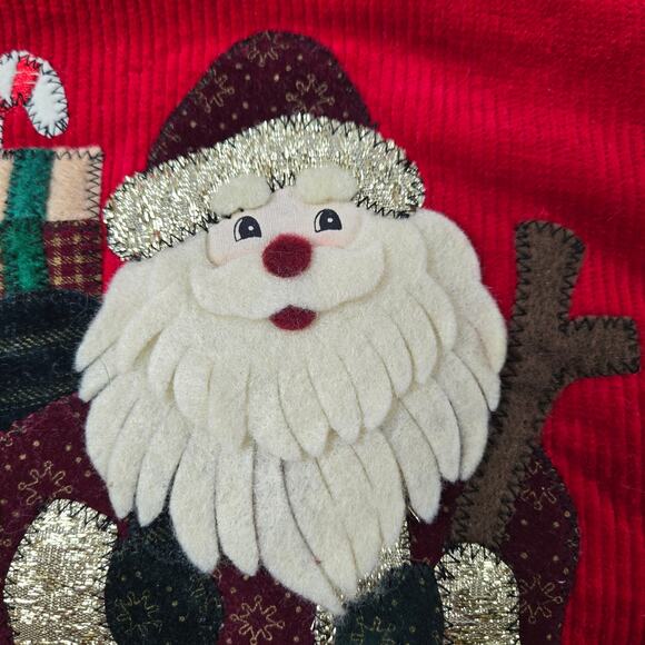 Vintage Old World Santa Red Corduroy Christmas Stocking Applique Star Buttons - Picture 5 of 13